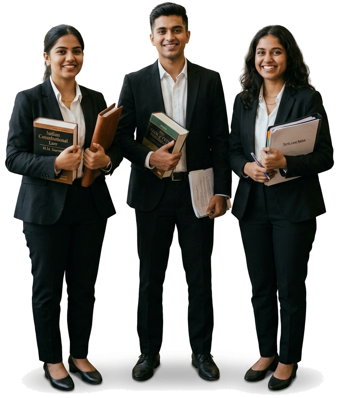 LawMate - Three Indian law students standing proudly in professional advocate attire holding legal textbooks